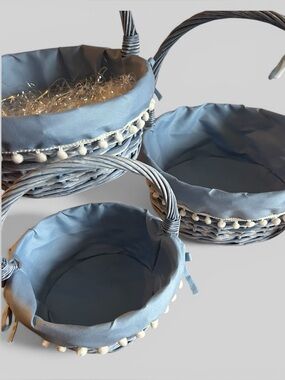 Set of 3 Light Blue Wicker Baskets with Pom-Pom Trim liners decorative storage